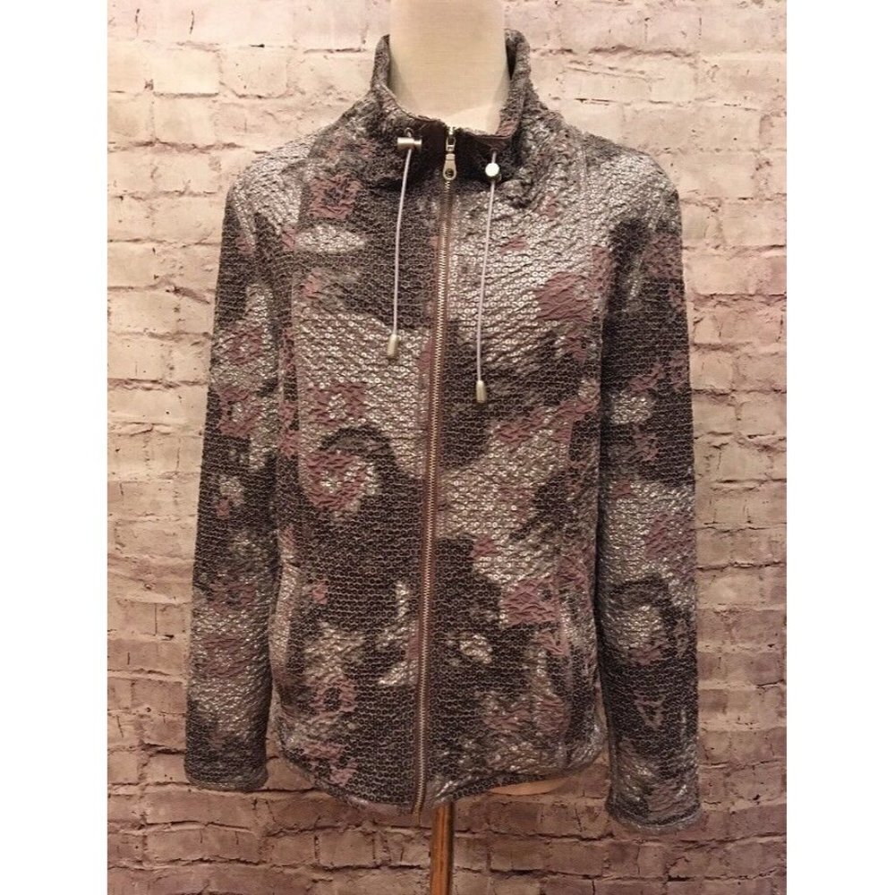 Ruby Rd. Womens Size 12 Jacket Taupe Gray Silver Print Full Zip Faux Sequins